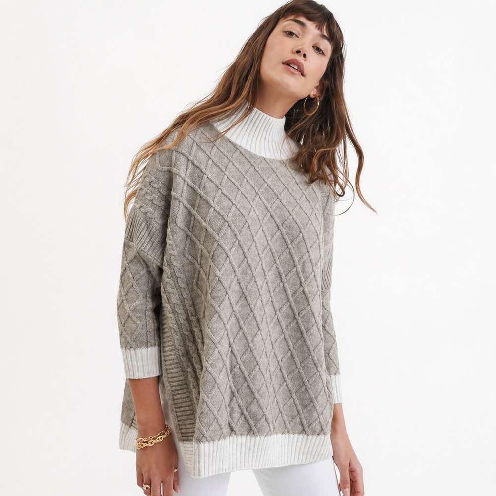 Mersea Brown Lisbon Traveler Mock Neck Lattice Sweater Driftwood Seasalt Size OS
